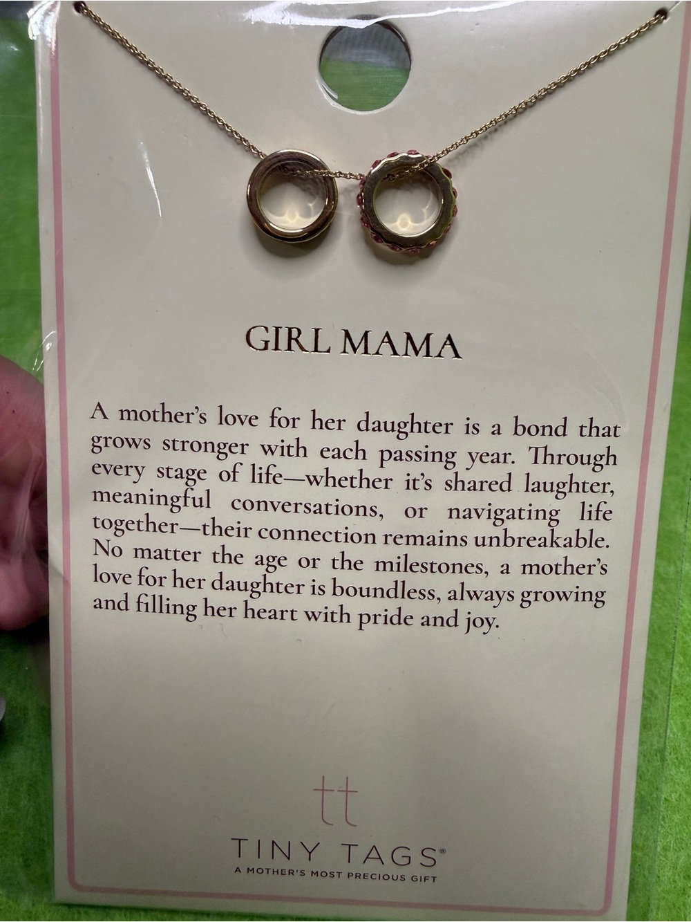 Girl Mama Double Ring Necklace in Gold with Pink Accents